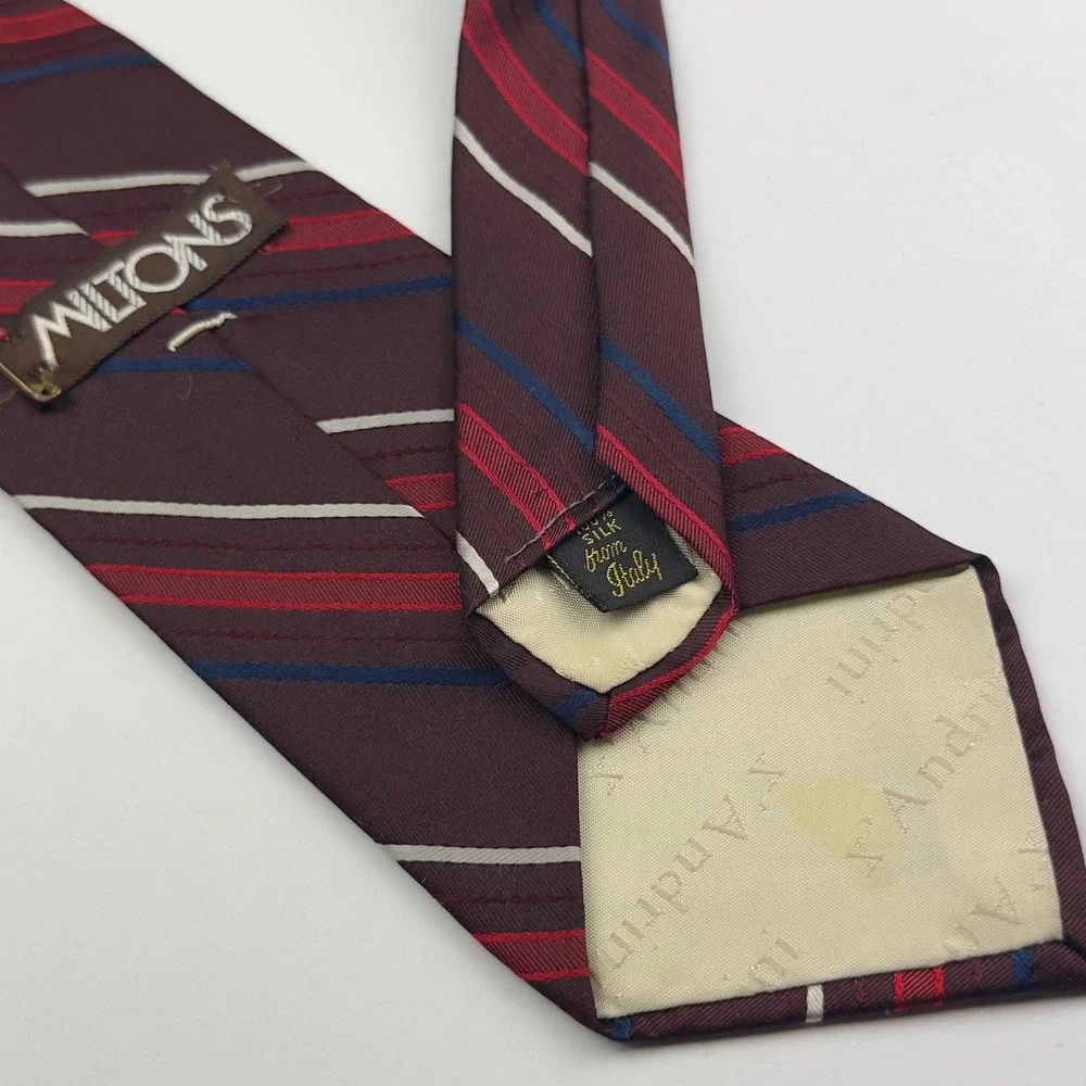 Andrini Mens Silk Tie Burgundy Red Navy Blue Striped Made in Italy Classic